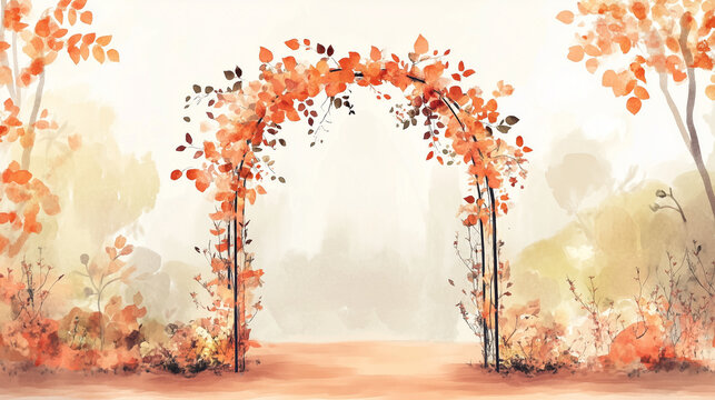 Autumn archway decorated with colorful leaves on a soft misty background