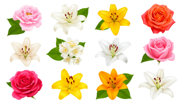 set of flowers, rose, jasmine, lily and tulip, isolated on transparent background