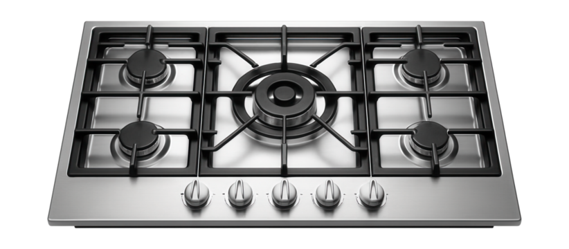 Five-burner built-in cooktop with a strong central burner, ideal for large families.