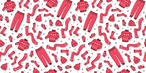 Collection of warm, cozy knitwear with a pattern. Knit hat, sweater, scarf, socks, and gloves. Snowflakes, winter. Cold season. Repeating background, drawing, doodles.