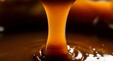 A close-up of a golden-brown liquid dripping into a pool, creating ripples. Moody, warm tones dominate. Viscous flow captures movement. AI Generated