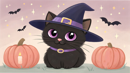 Fototapeta premium Adorable black kitten celebrates Halloween with pumpkins and bats, wearing a cute witch hat for a spooky fall season party, trick or treat!
