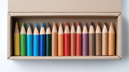 Tightly packed colored pencils arranged by hue in a cardboard box