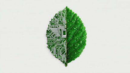Split-screen effect: half leaf icon, half circuit board pattern, eco-tech on white