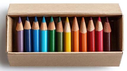 Naklejka premium A neatly arranged set of small, sharpened colored pencils, each a different hue, housed inside a simple rectangular cardboard box