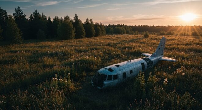 Decaying plane fuselage in a sun-drenched, overgrown meadow with forest backdrop