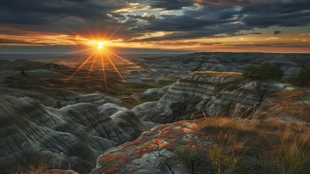 Video The sun sets over the unique rock formations of the badlands