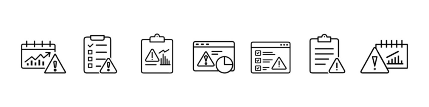 Risk, warning, and error report icons &ndash; alert, caution, danger, financial risk, and business error outline vector illustrations