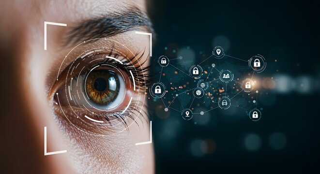 Biometric Security Scan of Human Eye with Digital Network and Lock Icons