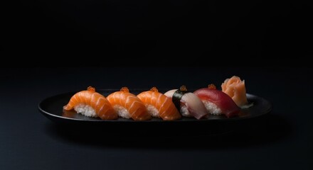 Elegant display of fresh nigiri sushi, salmon and other fish, roe, ginger on dark plate