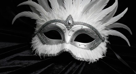 Elegant white and silver feathered mask, with ornate details, on dark velvet fabric