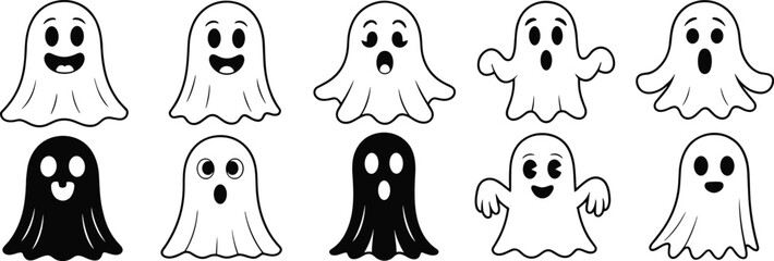 Ghost illustrations, cartoon spirits, emotional expressions, Halloween icons, spooky characters, black and white, stylized ghosts, gesture variety, haunted theme, fun design