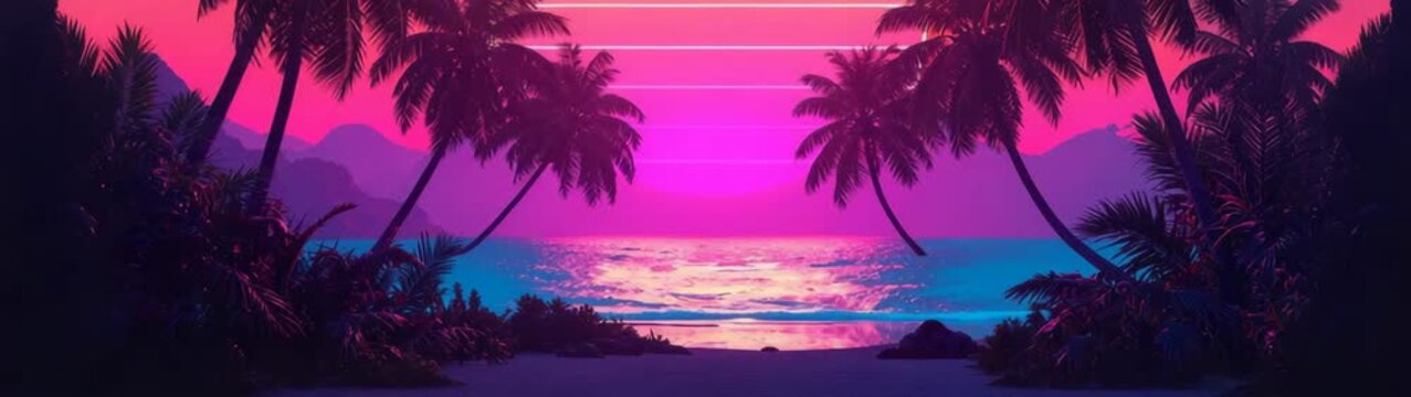 Retro 80s vaporwave landscape with vibrant gradient colors, neon sun, and serene ocean reflecting light.