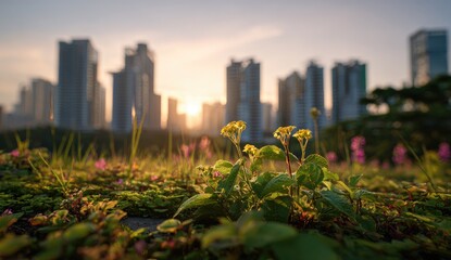 Obraz premium Urban flora at sunset, vibrant plants, blurry city