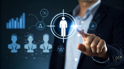 Professional businessman targets ideal customer with digital analytics and human resource data on a futuristic interface