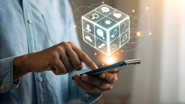 Person's hands using smartphone with glowing digital cube showcasing various app icons and network connections, symbolizing connectivity and digital innovation - Powered by Adobe