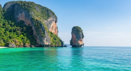 Emerald ocean laps white sands by towering limestone cliffs under a clear blue sky