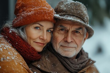 A couple enjoying a winter moment in a snowy landscape, wrapped in warm clothing during the winter season