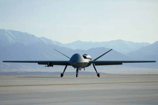 Military drone readies for takeoff at a remote airfield in mountainous terrain