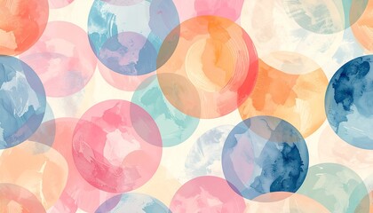 A soft and dreamy watercolor background featuring overlapping circles in pastel shades of pink, orange, blue, and teal.