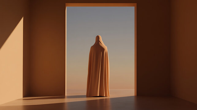 A solitary figure draped in fabric stands framed by a doorway, bathed in gentle light. This evocative image explores themes of identity, mystery, and the liminal space between worlds.