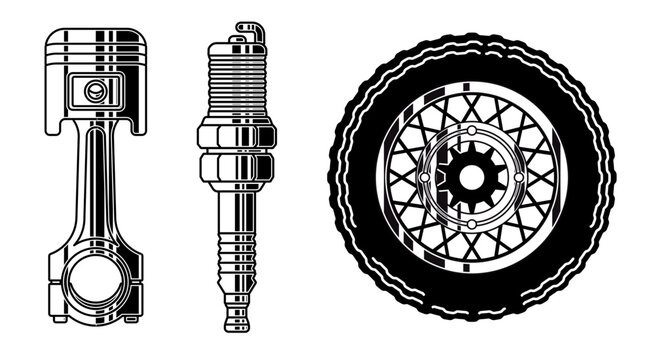 illustration of essential motorcycle garage elements piston with connecting rod spark plug detailed spoked wheel retro motor club logos custom repair shop emblems apparel design