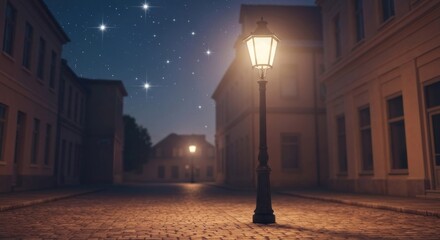 Gas lamp illuminating a quiet cobblestone street lined with old buildings under a starry night