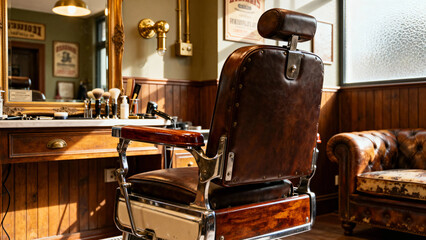 Vintage barber shop interior featuring a classic leather barber chair, wooden counter, and retro decor.