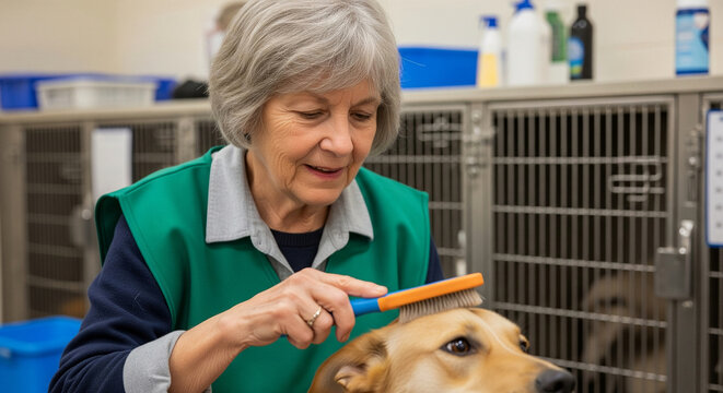 A compassionate senior woman volunteering at an animal shelter, gently grooming a rescue dog with a brush, showing care and kindness - Powered by Adobe