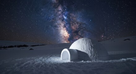 Glowing snow igloo nestled in a vast, icy landscape under a spectacular Milky Way night sky