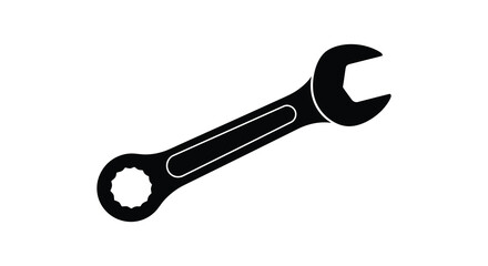 A black silhouette of a combination wrench tool against a white background representing mechanics and repair work silhouette