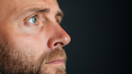 Fototapeta premium A contemplative man gazes into the distance. His face is framed by a neat beard, and the side profile highlights the sharpness of his features against a dark backdrop. Focused gaze.