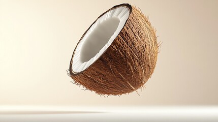 Floating coconut half, studio shot, beige background, healthy food