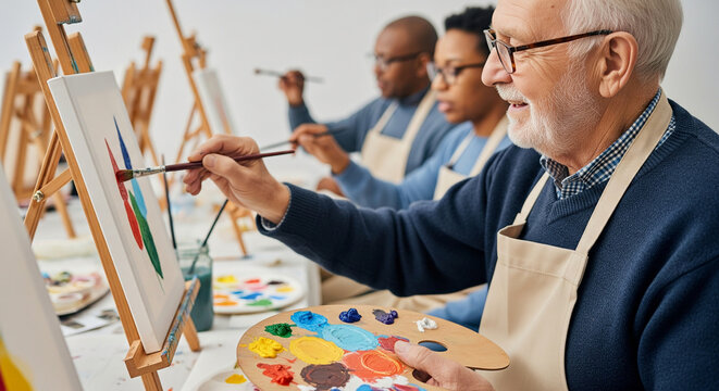 An elderly Caucasian man with a white beard and glasses deeply engaged in painting on canvas during a creative art workshop with a diverse group