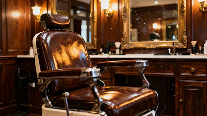 Classic barber chair in a traditional barbershop with wooden paneling and ornate mirrors