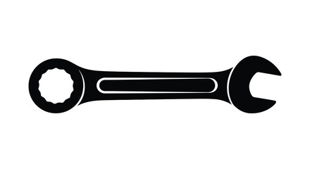 A simple black silhouette of a combination wrench with an open end and a box end on a white background
