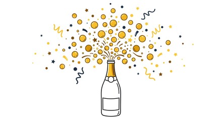 Champagne bottle exploding with golden confetti and streamers for celebration, party, and events