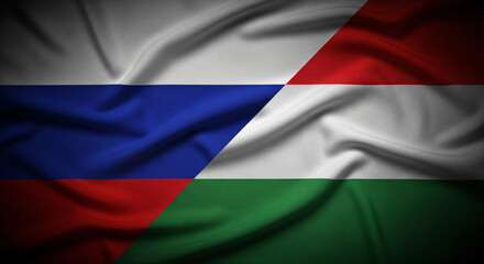 Obraz premium Russia And Hungary Diagonal Split Fabric Flags Representing Diplomatic Ties And Bilateral Partnership JPG