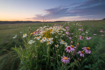 Enchanting wildflower meadow at sunset, a vibrant field of daisies and coneflowers creating a dreamy, peaceful scene perfect for spring and summer designs