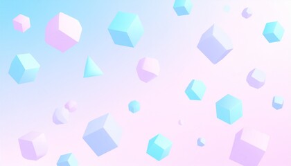Abstract 3D geometric shapes like cubes and pyramids floating in a soft pastel gradient background.