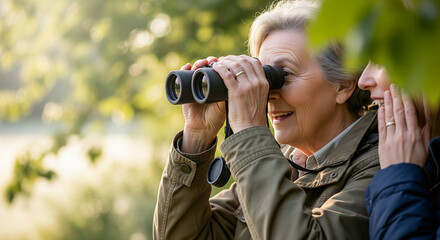 Happy elderly woman with binoculars enjoying nature observation with a companion. Peaceful retirement lifestyle and outdoor hobby