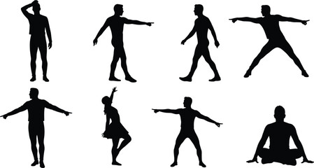 Human silhouette, body pose, gesture icon, black vector, expressive figure, standing posture, dance move, meditative stance, walking action, pointing gesture