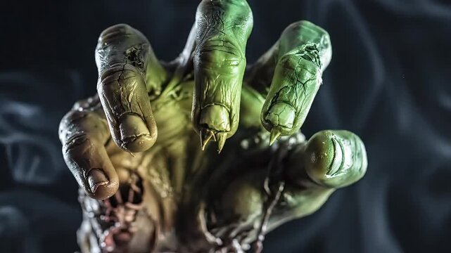 Terrifying monster hand reaching out from darkness with decaying flesh and sharp claws
