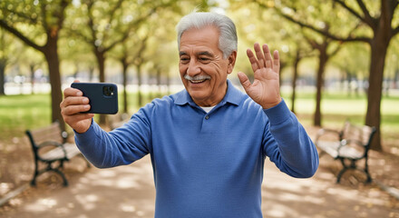 Happy senior man with a mustache waving during a video call on his smartphone while enjoying a beautiful day in a green city park