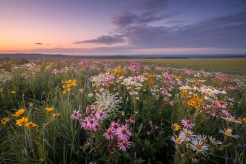 Stunning wildflower meadow at sunset creates a peaceful and serene vista, perfect for travel blogs, nature calendars, or inspirational wellness campaigns