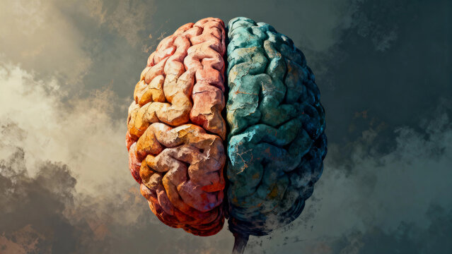 Colorful human brain with split hemispheres against a cloudy background