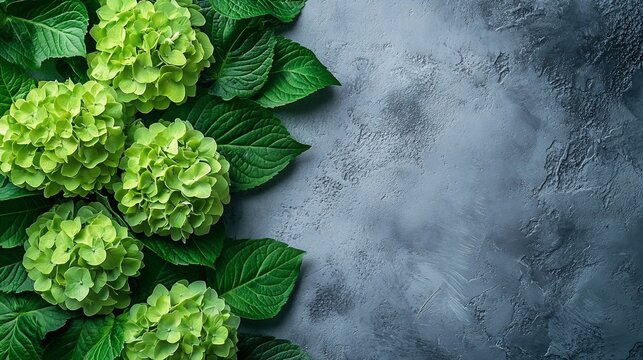 Fresh lime green hydrangea blooms and leaves arranged on grey concrete background