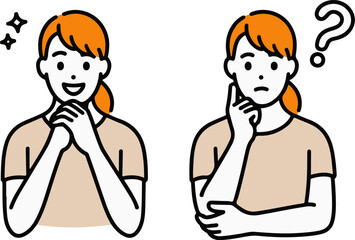 Young woman expressing excitement and confusion through simple line art poses vector