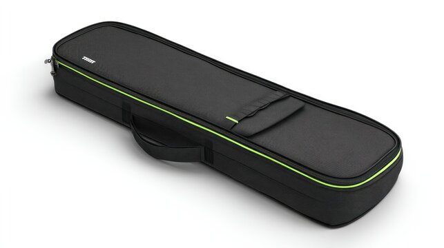 Sleek black gig bag with lime green trim, zipper, handle, and small exterior pocket; subtly textured fabric.  Ideal for instrument transport