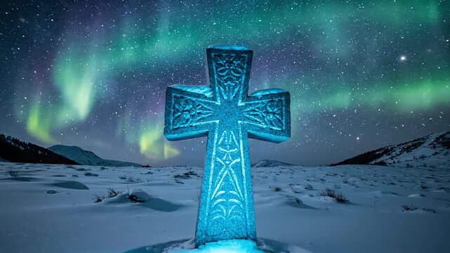 Glowing Celtic cross stands sentinel under vibrant aurora borealis in snowy landscape